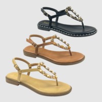Sandales plates tendance pour femmes à bout fendu avec pierres et perles, confortables, antidérapantes, à boucle réglable, chaussures d'extérieur pour femmes