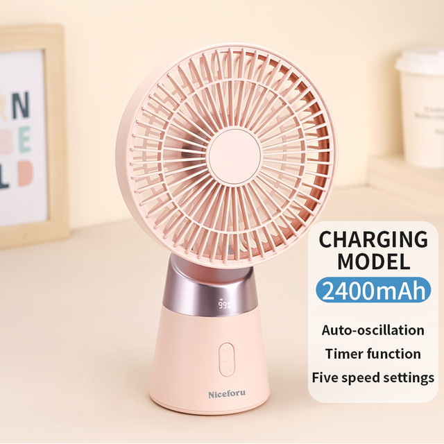 2026 New 2400mAh LED Display USB Rechargeable Mini Fan 5 Speeds Adjustable Timing Function Portable Small Head Shaking Desk Fan