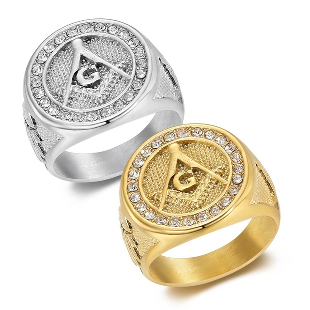 Fashion Hot-Selling Retro Domineering AG Masonic Ring for Men Women Gold Plated Stainless Steel Zircon Manufacturer Wholesale