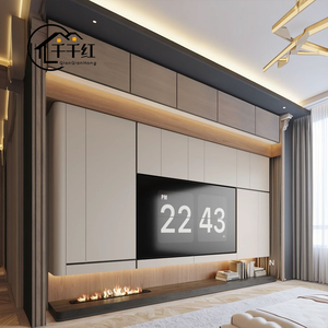 Meuble <span class=keywords><strong>TV</strong></span> mural de luxe moderne <span class=keywords><strong>avec</strong></span> rangement, design de panneau personnalisé, élégant, en bois, pour salon - Product Image 2
