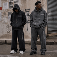 Ensemble sweat à capuche zippé et pantalon de survêtement noir délavé personnalisé pour homme, style streetwear, fournisseur de vêtements en gros OEM ODM avec logo et marque privée