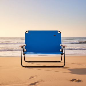 Chaise double portable pour le camping, pliable, pour 2 personnes, avec accoudoirs en bois, bleue, pour la plage et les voyages - Product Image 2