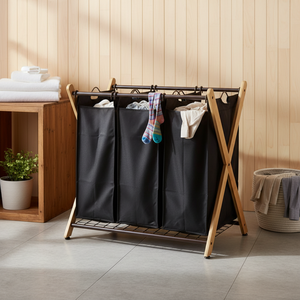 Smistatore per lavanderia a 3 borse in bambù X-Frame, soluzione per organizzazione ecologica ed elegante - Product Image 3