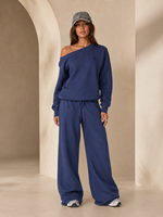 Survêtements en molleton de coton de haute qualité personnalisés pour femmes, ensemble sweat-shirt et pantalon surdimensionné à une épaule brodé, grammage lourd