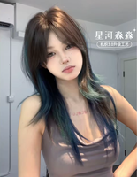 Perruque synthétique ombrée bleu-vert turquoise, coupe loup, à couches moyennes, avec frange, volumineuse, résistante à la chaleur, pour tête entière