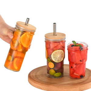 Gobelet réutilisable à large ouverture 16/22/24oz <span class=keywords><strong>Verres</strong></span> à boire Mason Jar avec couvercles en bambou Paille Carton CLASSIC Party Clear 2 Sets - Product Image 6