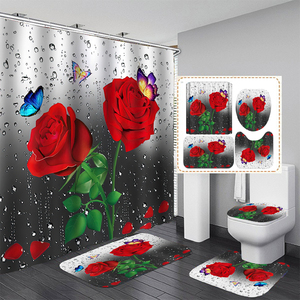 Rose rouge fleurs papillon imperméable rideau de douche ensemble tapis antidérapant tapis siège de toilette crique bain salle de bain décor - Product Image 2