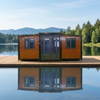 Maison modulaire en conteneur extensible, style chalet de lac à double aile, finition bois, avec porte vitrée, pour maison de vacances, vente en gros OEM