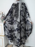 Robe longue de soirée pour femmes musulmanes, spéciale Eid, imprimé tie-dye noir et argent, taille froncée, abaya