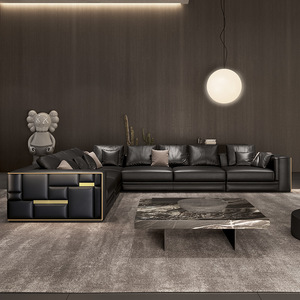 Sofá Esquinero Modular Moderno Visionnaire Babylon de Cuero Genuino con Patas de Acero Inoxidable Negro y Relleno de Esponja para Sala de Estar, Garantía de 5 Años - Product Image 3