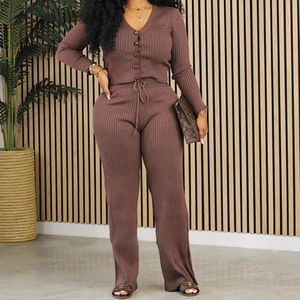 Pasuxi Tùy Chỉnh V Cổ Cardigan Rộng Chân Quần Hai Mảnh Thiết Lập Lười Biếng Phong Cách Mặc Giản Dị Cao Đàn Hồi Màu Rắn Áo Len Giản Dị - Product Image 3