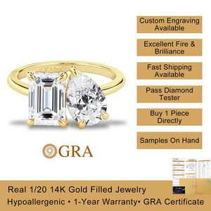 Bague de promesse en or 14K avec deux pierres en moissanite taille émeraude et poire, certifiée GRA, cadeau de fiançailles, faible MOQ pour le dropshipping - Product Image 1