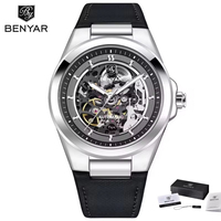 Montre-bracelet automatique mécanique de luxe pour homme Benyar BY-5207 avec bracelet en cuir, étanche, avec coffret cadeau