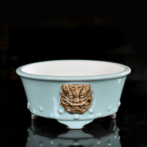 宜興釉薬盆栽鉢 6インチ 小型丸鉢 龍絵柄 - Product Image 4