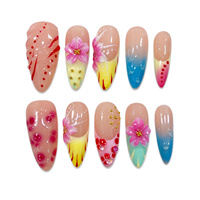 Ongles ovales avec fleurs 3D faites à la main, 10 pièces, ensemble d'ongles rose pastel, bleu, rouge, à pois, avec perles dorées, ongles ovales à presser, pointes bleues