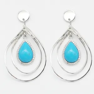 Blue Turquoise Dangle Earrings, Silver Large Hoop Dangle Earrings