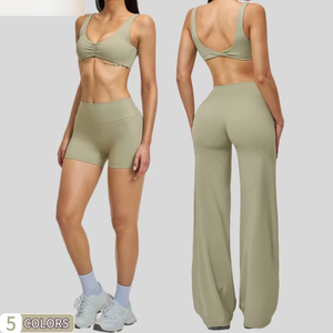 Women's 3-Piece Fitness Activewear Set Yoga <b>Leggings</b> Bras High Waist Wide-Leg Pants Solid <b>Pattern</b> Quick-Dry Anti-Bacterial - Product Image 1