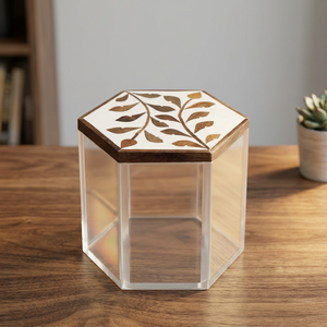 Mini récipient carré à dessert en acrylique de style art moderne personnalisé incrustation de bois couvercle plante plaqué or décoration de la maison mariage-sur - Product Image 1