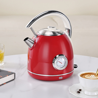 Ketel Listrik Retro Merah 1.7L Stainless Steel 1500W dengan Pengatur Suhu LED, Fitur Mati Otomatis, dan Proteksi Anti Air Kering