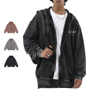 Custom 100% Cotton Acid <b>Washed</b> Zip Men Hoodie French Terry Embroidered Hoodie with Print Pattern Drop Shoulder - Product Image 1