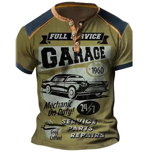 Chemise Henry à trois boutons pour homme, motif de voiture ancienne imprimé en 3D, tissée, séchage rapide, respirante, style streetwear décontracté, hip-hop - Product Image 1