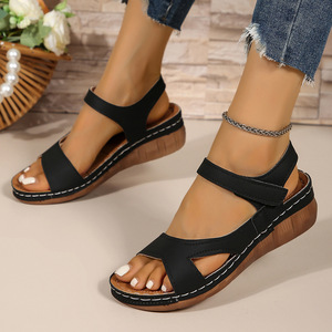 Women Summer New <b>Magic</b> <b>Tape</b> European American Style Wedge Sandals Thick Sole Large Flower Roman Sandals - Product Image 2