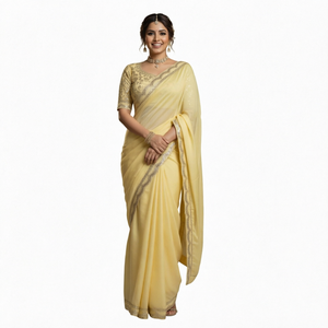 <b>Yellow</b> Embroidered <b>Saree</b> for Women Regular Length Traditional Dress for Wedding Party Bridal Wear - Product Image 1