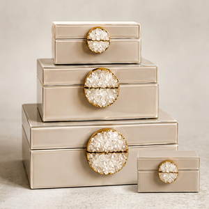 ivory Cream Glass Keepsake Box with Handcrafted Crystal Geode Accent <b>Gold</b> Edge Decorative Jewelry Storage Organizer - Product Image 1