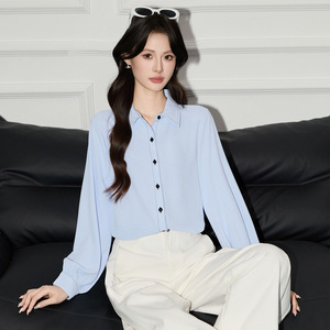 Ruffled Collar Chiffon Long Sleeve Shirt Women Spring Autumn Loose Fit Tie Waist Solid Color Blouse Everyday Wear - Product Image 3