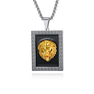 Stainless Steel Lion <b>Head</b> Pendant Necklace For Men Rectangular Black Frame Gold Lion Design Hip Hop <b>Style</b> Jewelry - Product Image 1