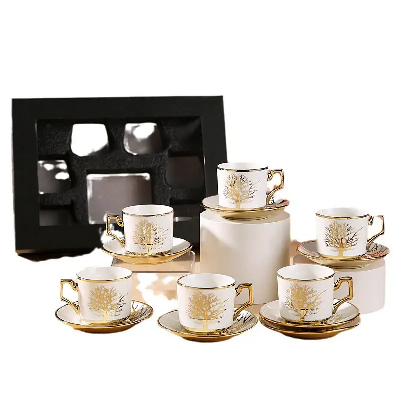 Classic Golden Ceramic Coffee Cup Set with Handgrip Luxury Eco-friendly Espresso and Tea Cups   Saucers Tray for Parties