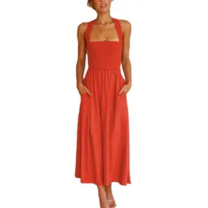 Women's Summer Dress Casual and Elegant with Hanging Neck Sleeveless Simple Style Floor-Length Straight Silhouette