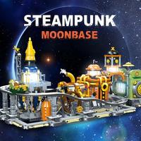 Set Blok Bangunan Steampunk Moonbase Model Basis Eksplorasi Luar Angkasa dengan Lampu, Mainan Bata Rakitan DIY untuk Kolektor Dewasa