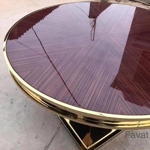 Mesa de Comedor Rectangular de Lujo con Cubierta de Madera Enchapada de Alto Brillo y Base de Pedestal de Acero Inoxidable Dorado, Moderna, para Hotel y Villa - Product Image 1