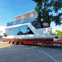 Bateau-maison flottant en aluminium de 12 m avec bar, barbecue et cuisine climatisée, idéal pour la location ou comme restaurant aquatique.