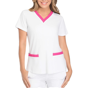 Uniforme de Enfermera Personalizado con Cuello en V para Mujer, Manga Corta, Tejido Elástico, Bolsillos Dobles con Apliques, Bloques de Color, Uso Hospitalario, Alta Calidad - Product Image 1
