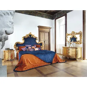 Luxe Franse Royal Blue Velvet Slaapkamer Met Kingsize Bed, Antieke Gouden Houten Gesneden Bed