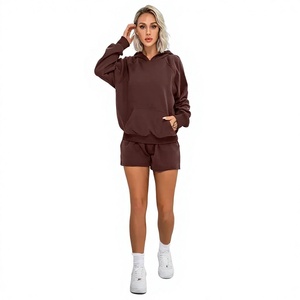 <b>Womens</b> Solid Brown <b>Long</b> Sleeve Casual Pullover Hoodie and <b>Shorts</b> Twin Set OEM ODM Wholesale Apparel - Product Image 1