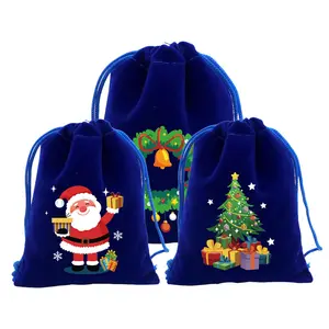 2023圣诞快乐平安夜糖果口袋包装收纳新款皇家蓝色天鹅绒袋圣诞礼品袋拉绳袋