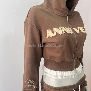 Women High Quality Distress Embroidery Patch Pullover Hoodies Sweatshirt Custom <b>Crop</b> Lace Distressed <b>Zip</b> <b>up</b> Hoodie Women - Product Image 3