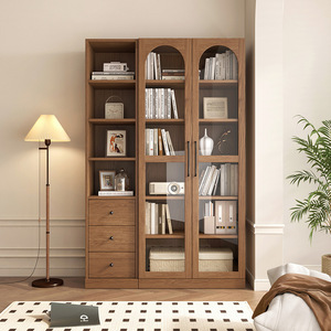 Estante flotante de roble <span class=keywords><strong>rojo</strong></span> moderno, puerta de cristal, sala de estar de Hotel, armario de almacenamiento de pared completa, estantería de montaje en suelo de madera maciza - Product Image 4