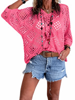 Pull-over élégant d'été pour femme, col en V, motif losanges, manches chauve-souris ajourées, tricoté à la main en polyester/spandex