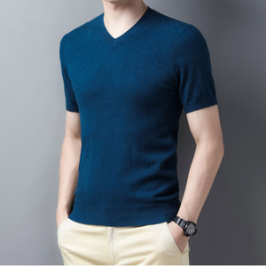 Suéter de punto de manga corta con cuello en V de color liso para <span class=keywords><strong>hombre</strong></span>, estilo casual, ideal como capa base, novedad de otoño, venta al por mayor. - Product Image 2