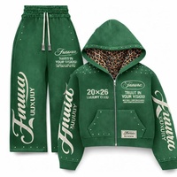Ensemble survêtement streetwear personnalisé 100 % coton, coupe oversize, délavé à l'acide, avec fermeture éclair et strass, pantalon de survêtement et sweat à capuche effet vieilli vintage pour homme