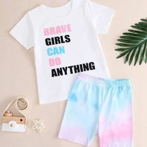 Ensemble 2 pièces pour bébés filles : T-shirt graphique à slogan et short tie-dye, col rond, été - Product Image 1