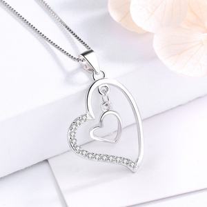 925 Sterling <b>Silver</b> Double <b>Heart</b> Women's <b>Necklace</b> Rhodium Plated with Pave Zircon Stone Trendy Style for Wedding Engagement Gift - Product Image 2