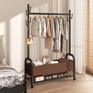 Porte-vêtements en métal mobile personnalisable, porte-vêtements multifonctionnel, porte-vêtements pour sécher les vêtements avec panier de rangement en cuir - Product Image 4