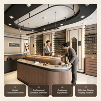 Ensemble complet d'ameublement haut de gamme pour opticien : comptoir d'exposition incurvé pour lunettes, vitrine murale LED pour lunettes, présentoir optique personnalisé