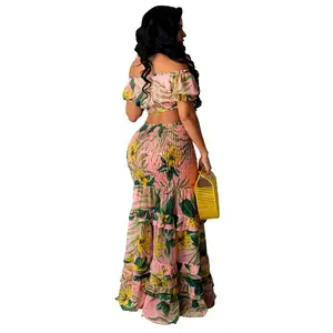 Bliss Two-piece Maxi Skirt Set - Vibrant Floral Print With Ruffled Detailing For Summer Getaways Women Digital Printing Woven