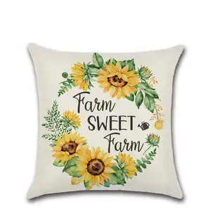 Housse de coussin en coton, rose, tournesol, ferme, Vase à vélo, voiture, décoration carrée, motif